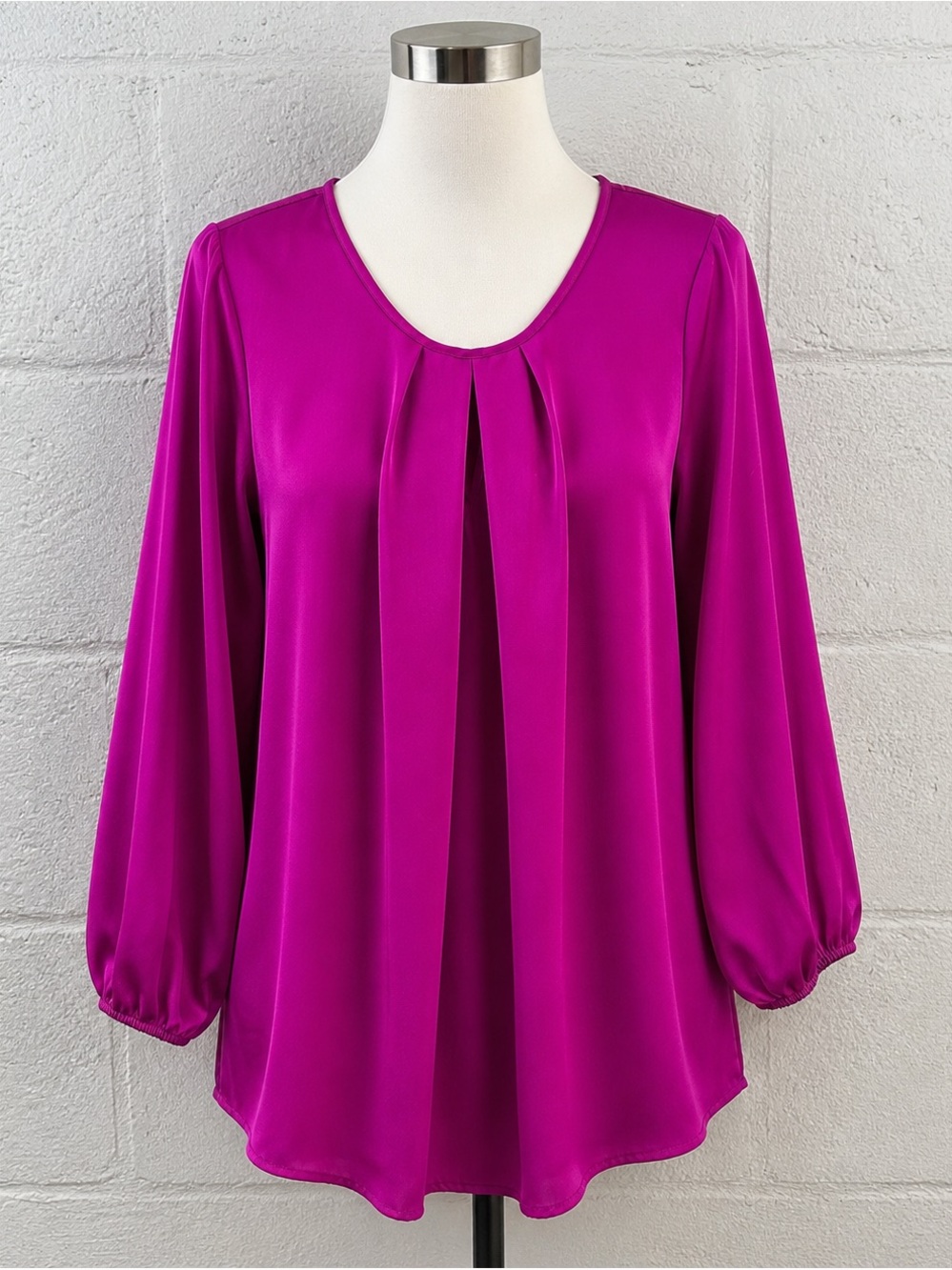 Pleione Magenta Pleated Scoop Neck Balloon Sleeve Blouse Size L